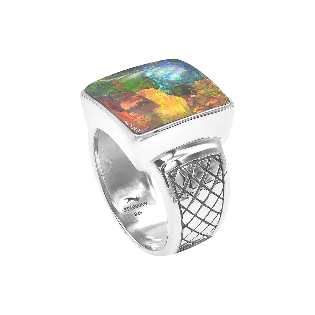 Starborn Ammolite Men’s Ring with Geometric Shank Accents in Sterling Silver