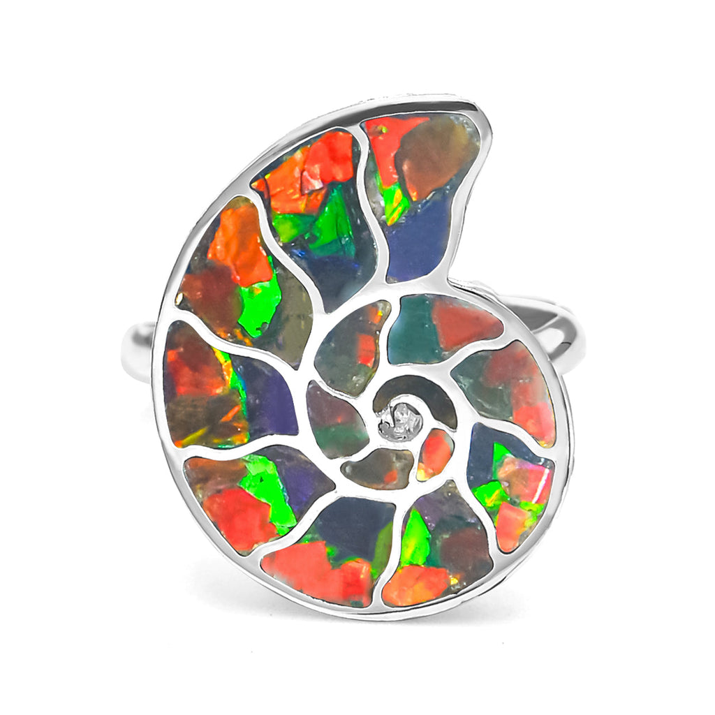 Starborn Ammolite Nautilus Ring in Sterling Silver