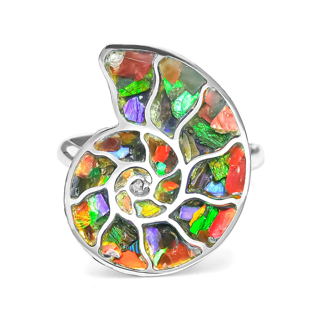 Starborn Ammolite Nautilus Ring in Sterling Silver