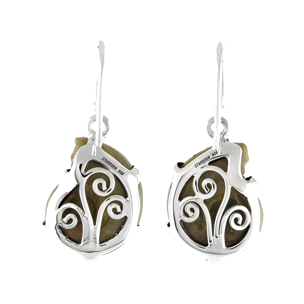 Starborn Fossilized Ammonite Prong Set Earrings with Filigree Back in Sterling Silver