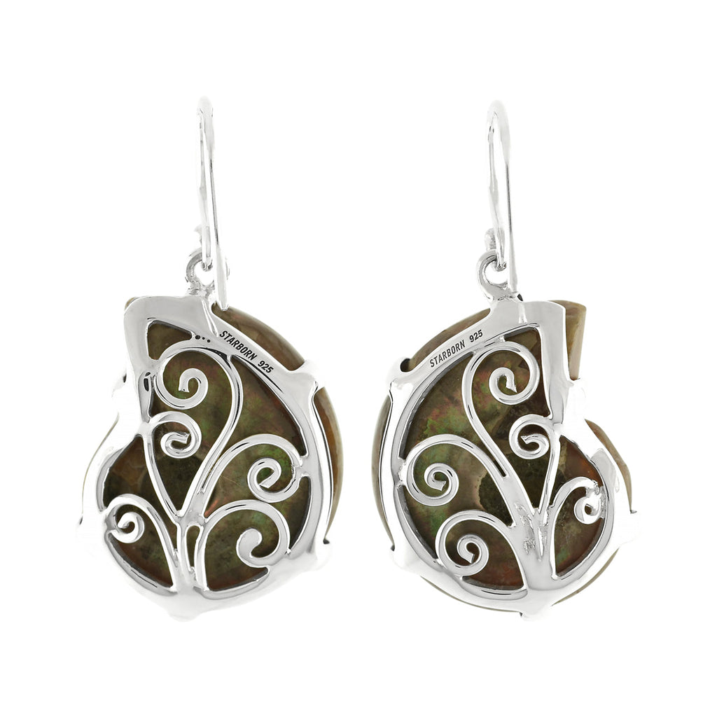 Starborn Fossilized Ammonite Prong Set Earrings with Filigree Back in Sterling Silver