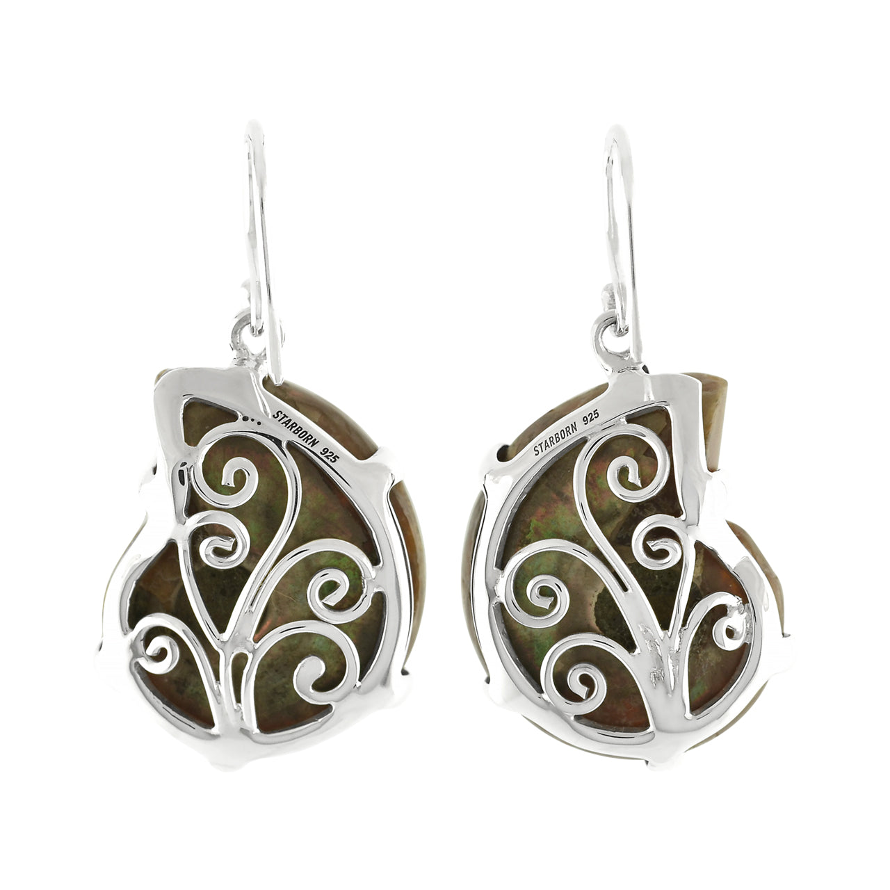 Starborn Fossilized Ammonite Prong Set Earrings with Filigree Back in Sterling Silver