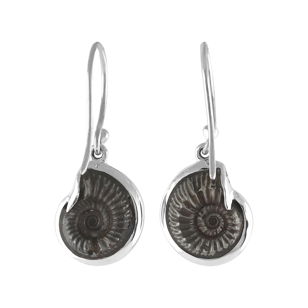 Starborn Fossilized Hematite Ammonite Earrings in Sterling Silver