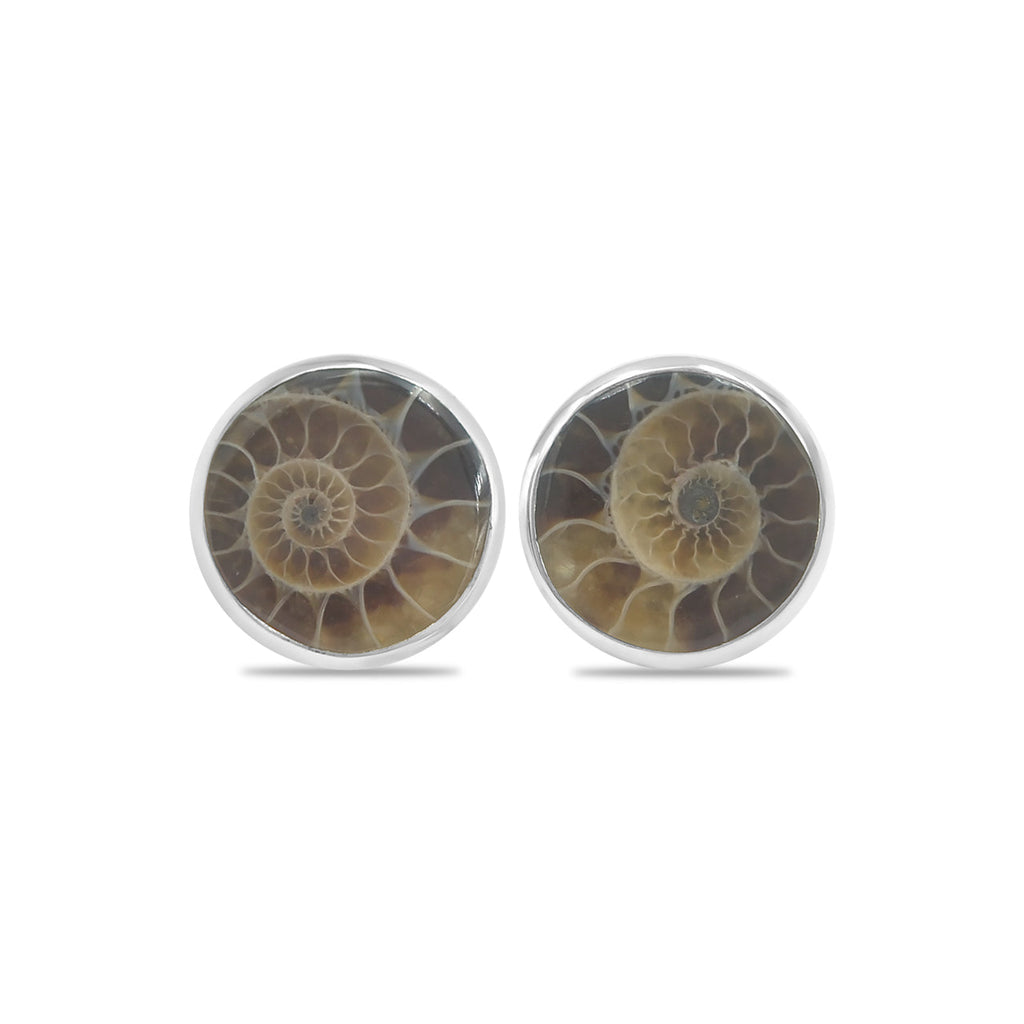 Starborn Fossilized Ammonite Round Post Earrings in Sterling Silver
