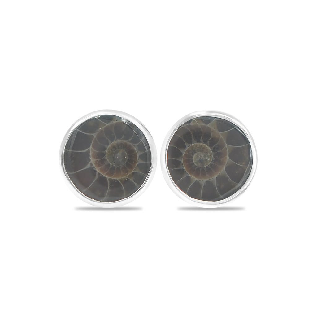Starborn Fossilized Ammonite Round Post Earrings in Sterling Silver