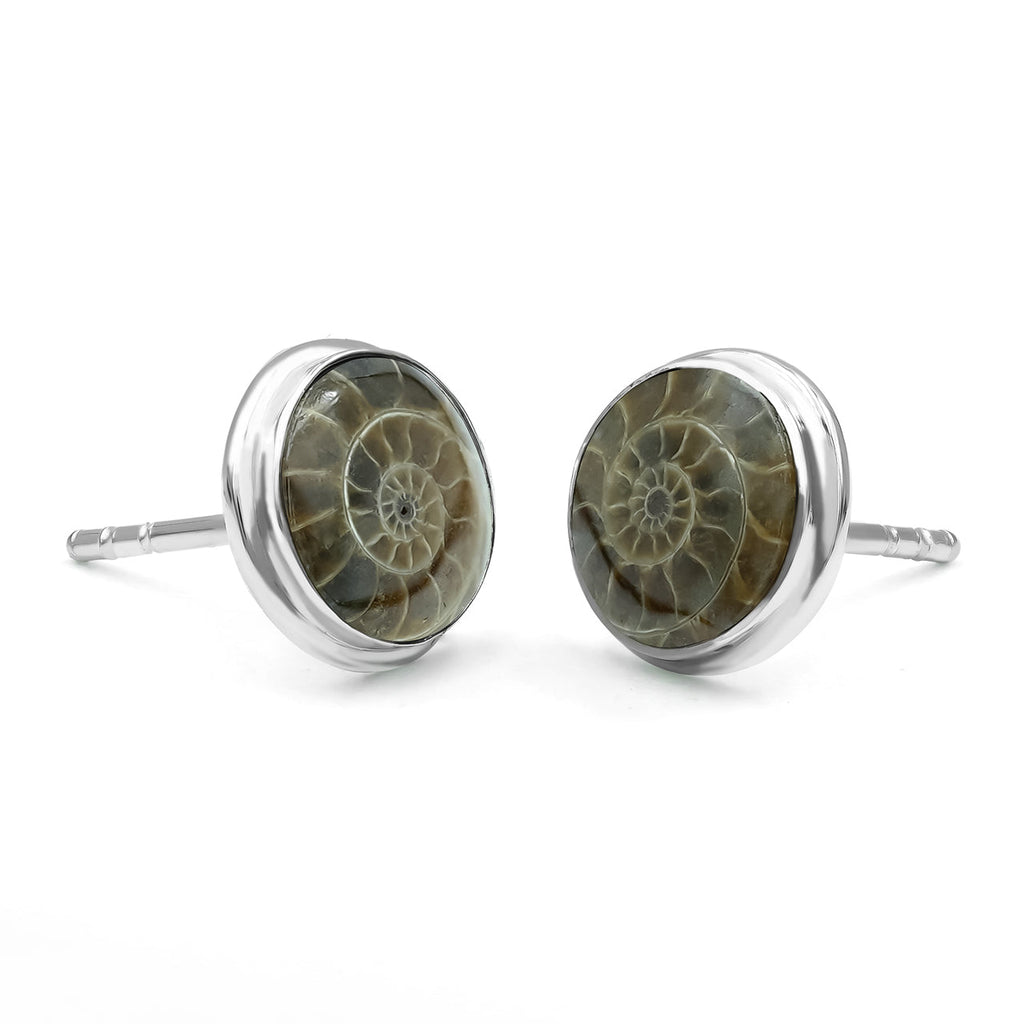 Starborn Fossilized Ammonite 8mm Round Post Style Earrings in Sterling Silver