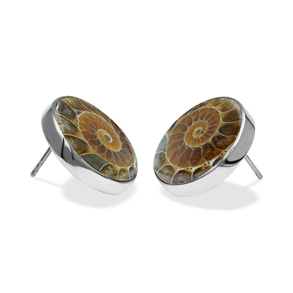 Starborn Fossilized Ammonite Round Post Earrings in Sterling Silver