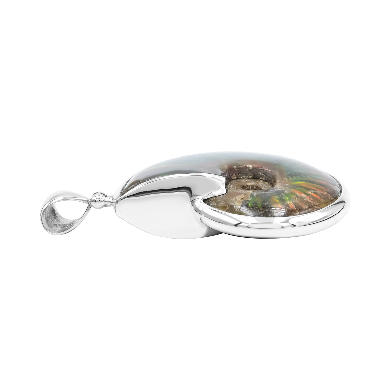 Starborn Fossilized Red Iridescent Ammonite Pendant in Sterling Silver