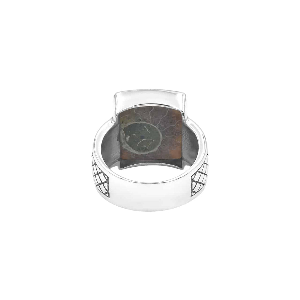 Starborn Ammonite Men’s Ring with Geometric Shank Accents in Sterling Silver