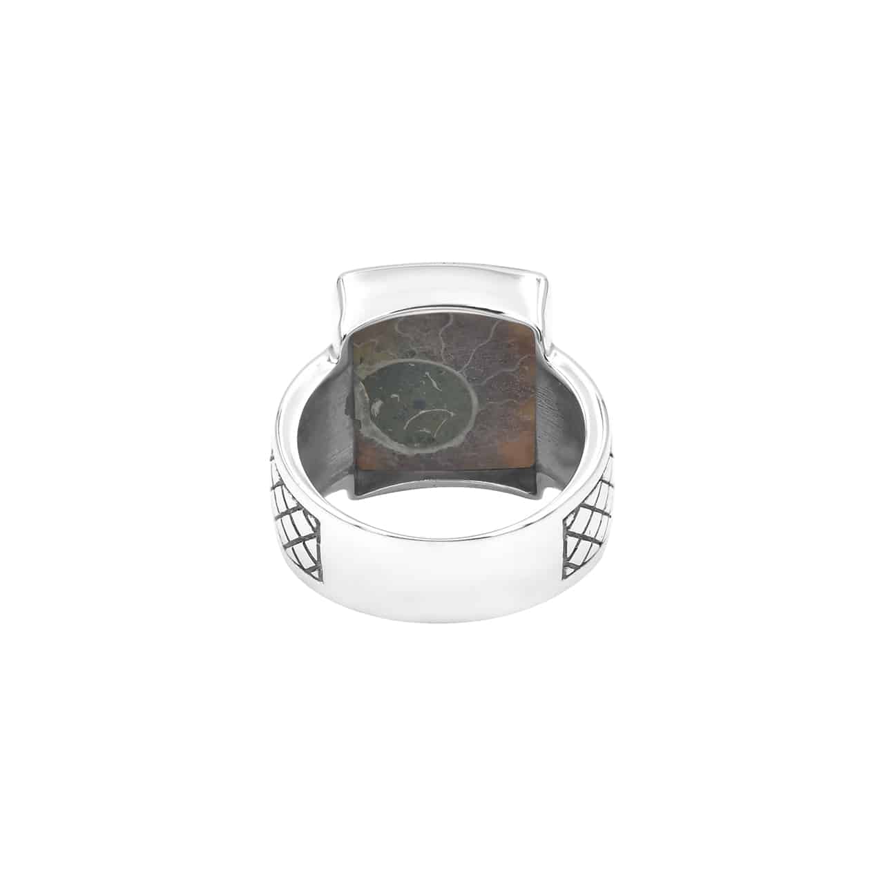Starborn Ammonite Men’s Ring with Geometric Shank Accents in Sterling Silver