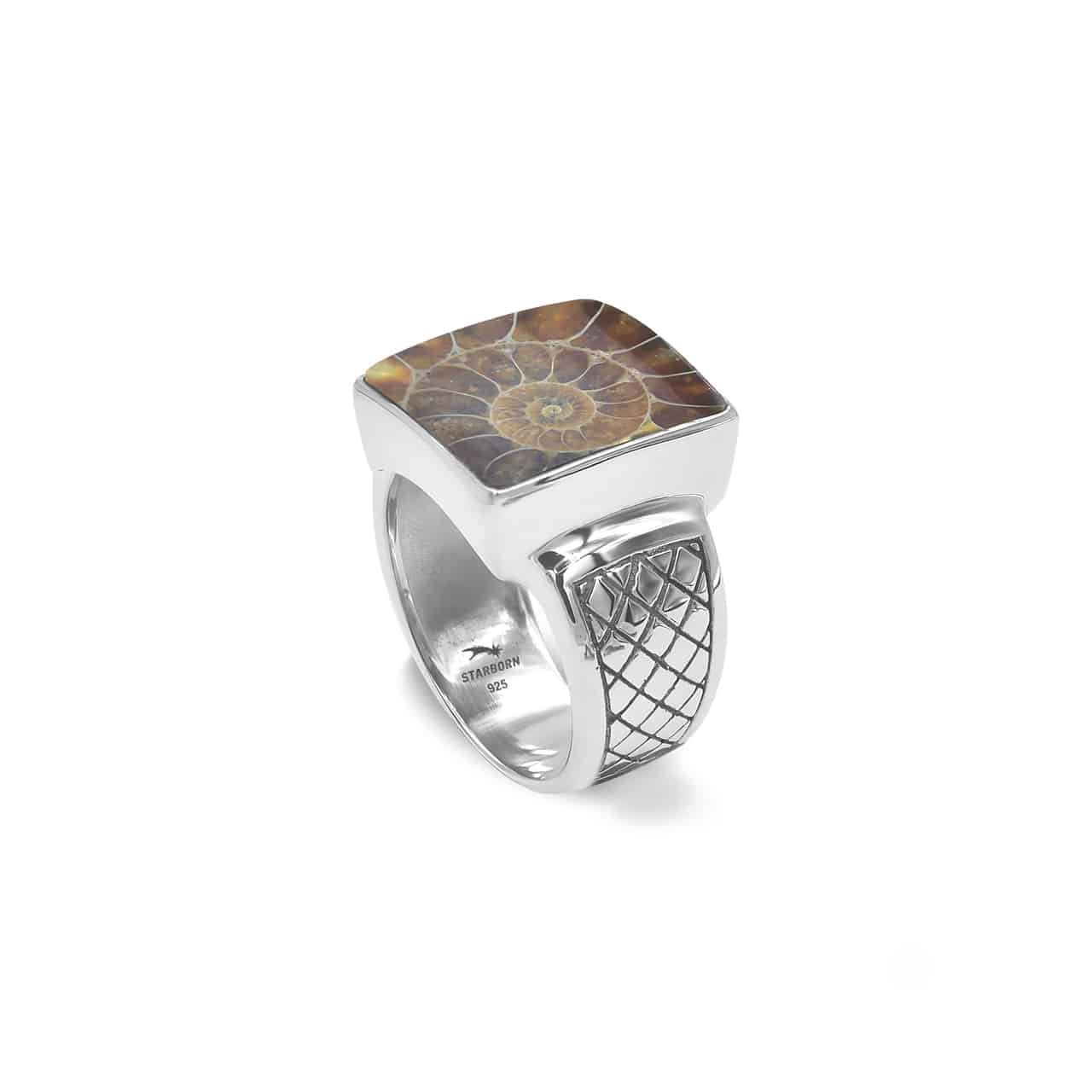 Starborn Ammonite Men’s Ring with Geometric Shank Accents in Sterling Silver