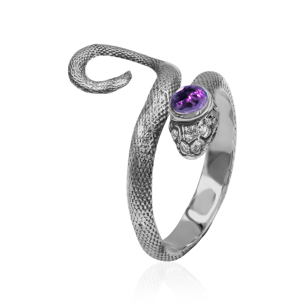 Starborn Coiled Snake Ring with Faceted Amethyst in Sterling Silver