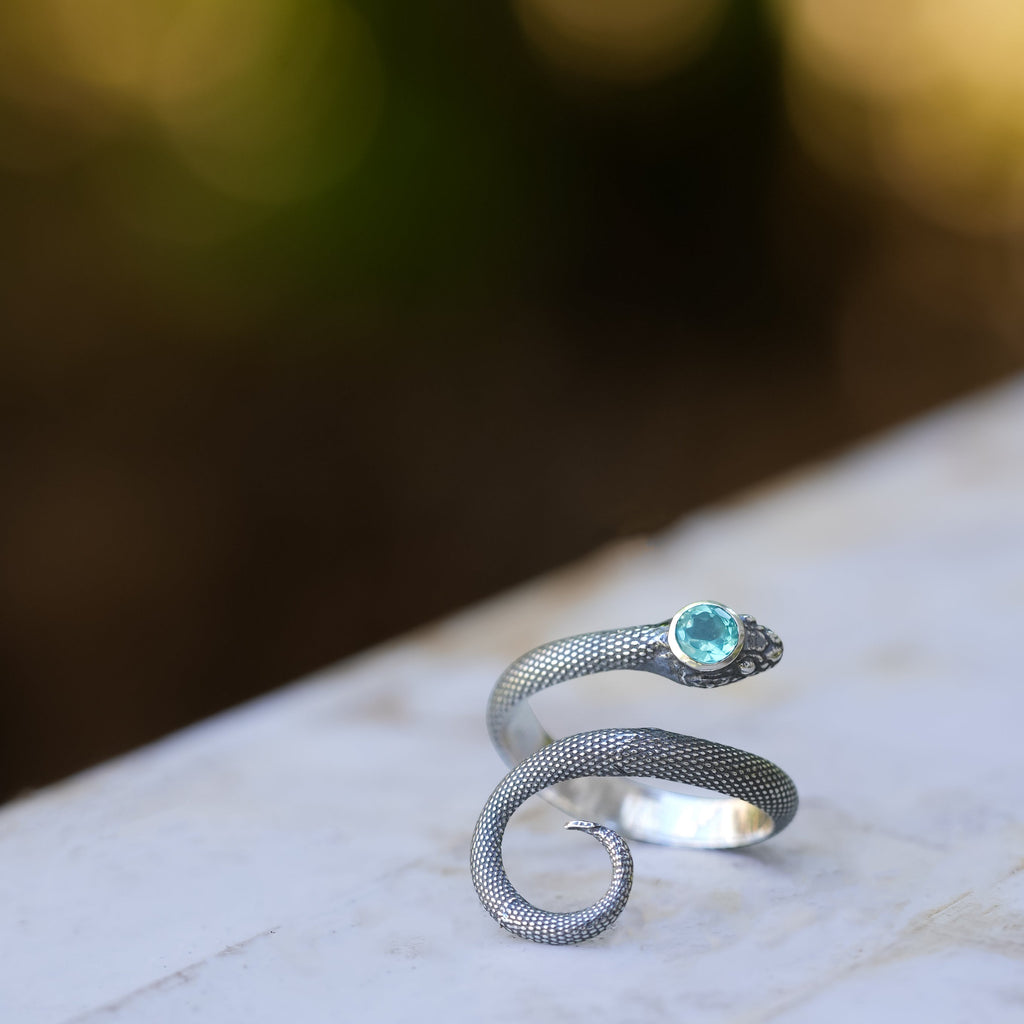Starborn Coiled Snake Ring with Faceted Apatite in Sterling Silver