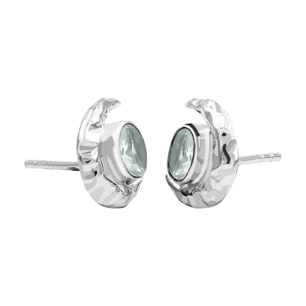 Starborn Faceted Oval Gemstone Post Earrings with Hammered Crescent Moon Accent in Sterling Silver