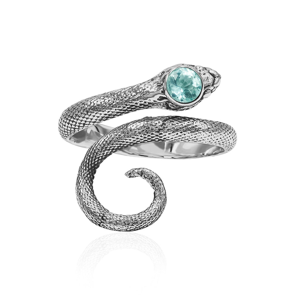 Starborn Coiled Snake Ring with Faceted Aquamarine in Sterling Silver