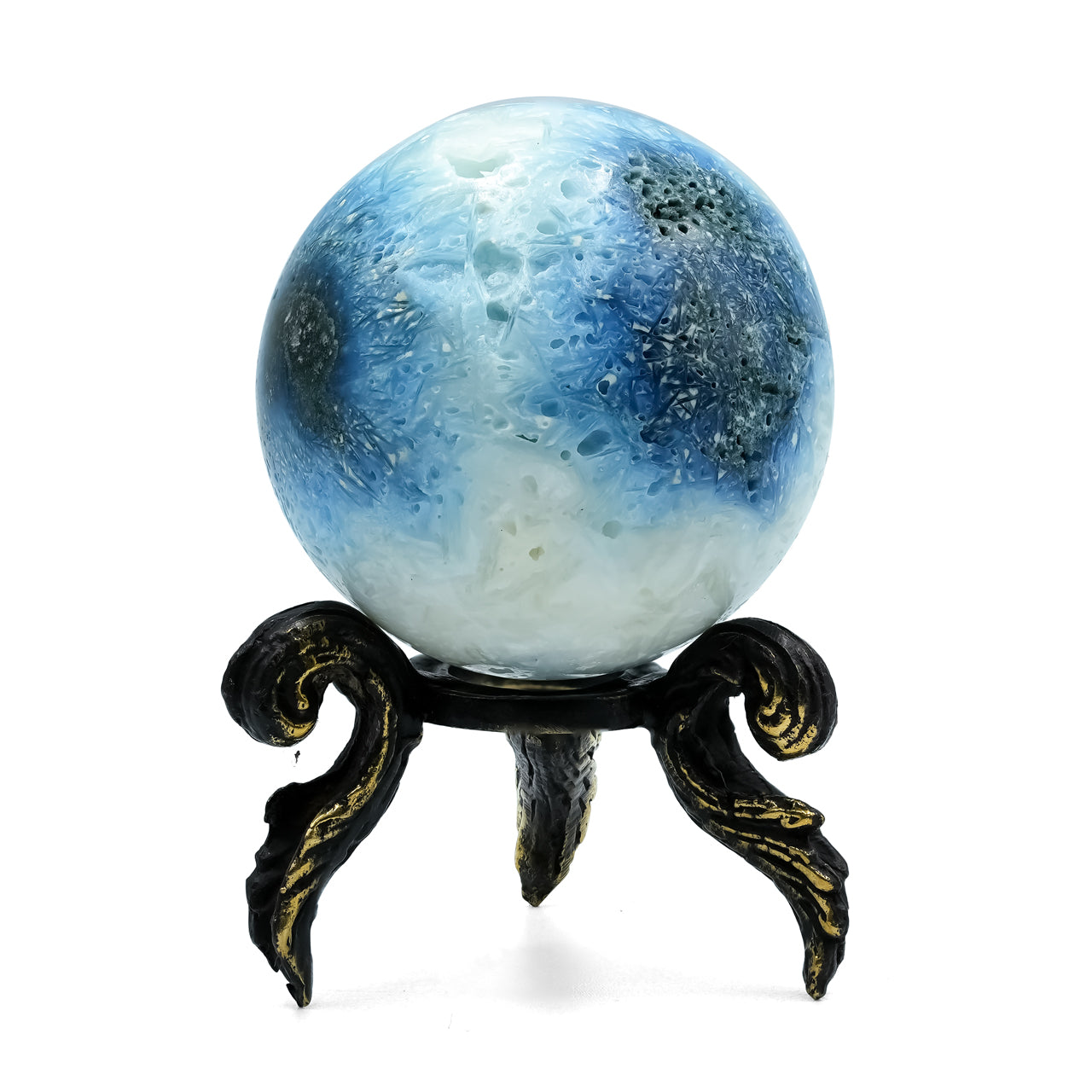 Starborn Blue Ice Glacierite Sphere Display with Brass Stand