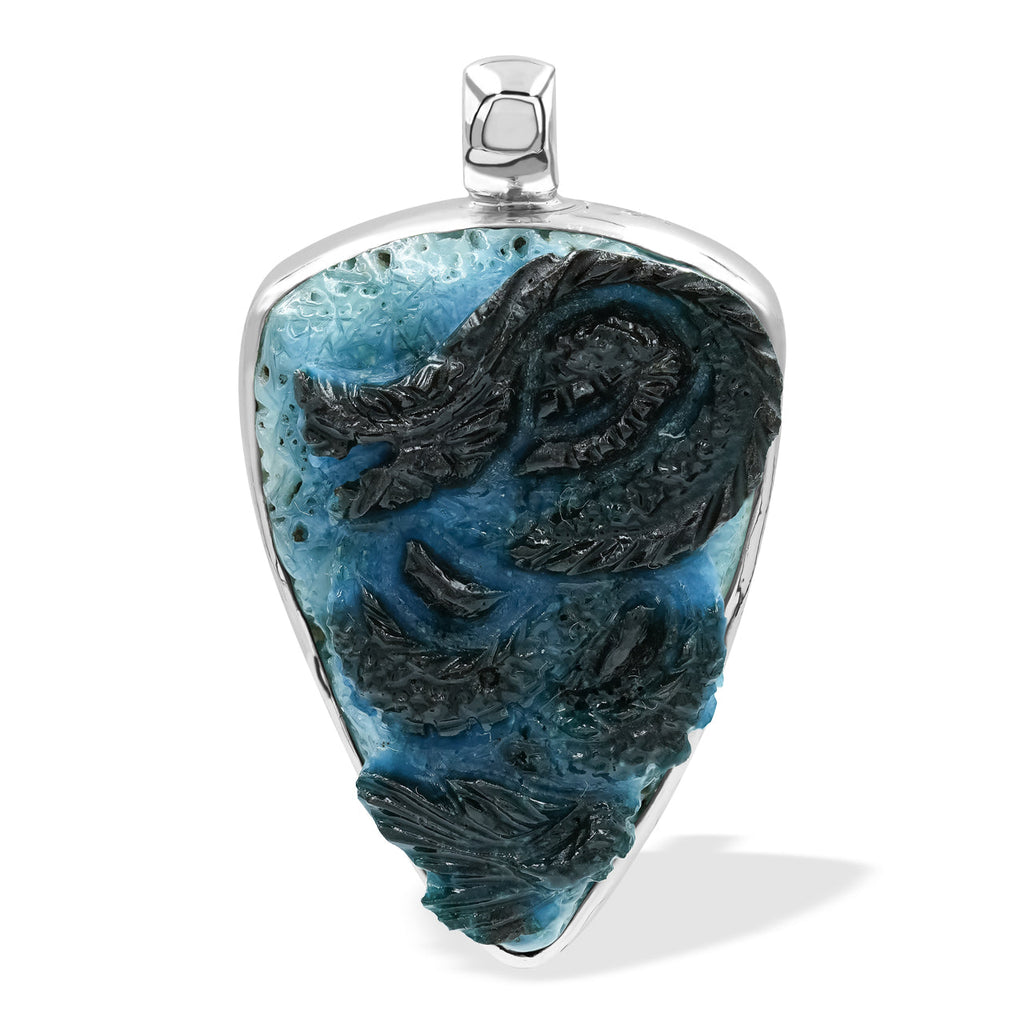 Starborn Carved Blue Ice Glacierite Dragon Shield Pendant in Sterling Silver