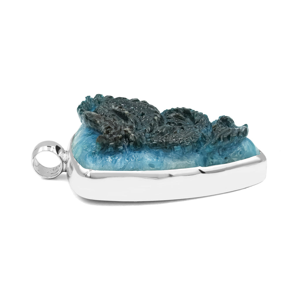 Starborn Carved Blue Ice Glacierite Dragon Shield Pendant in Sterling Silver