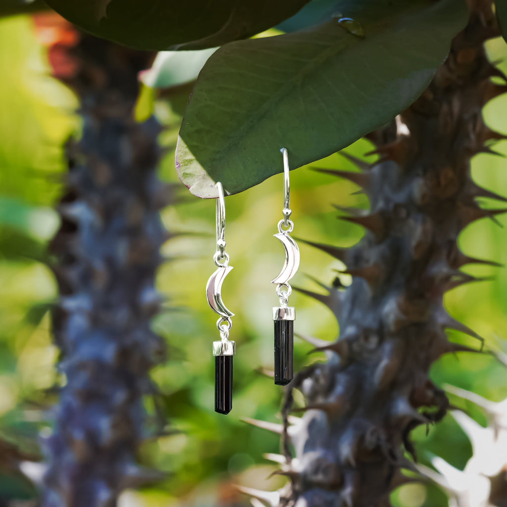 Starborn Black Tourmaline Crystal with Silver Crescent Moon Accents Dangle Earring in Sterling Silver