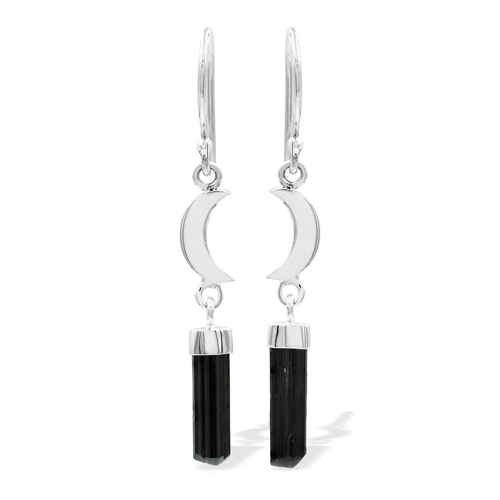 Starborn Black Tourmaline Crystal with Silver Crescent Moon Accents Dangle Earring in Sterling Silver