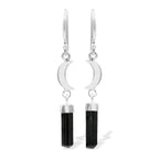 Starborn Black Tourmaline Crystal with Silver Crescent Moon Accents Dangle Earring in Sterling Silver