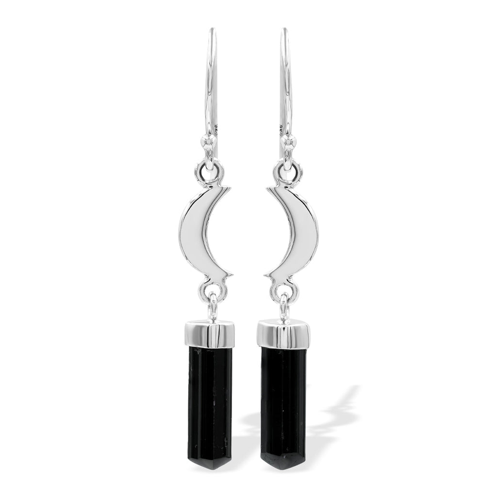 Starborn Black Tourmaline Crystal with Silver Crescent Moon Accents Dangle Earring in Sterling Silver