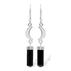 Starborn Black Tourmaline Crystal with Silver Crescent Moon Accents Dangle Earring in Sterling Silver
