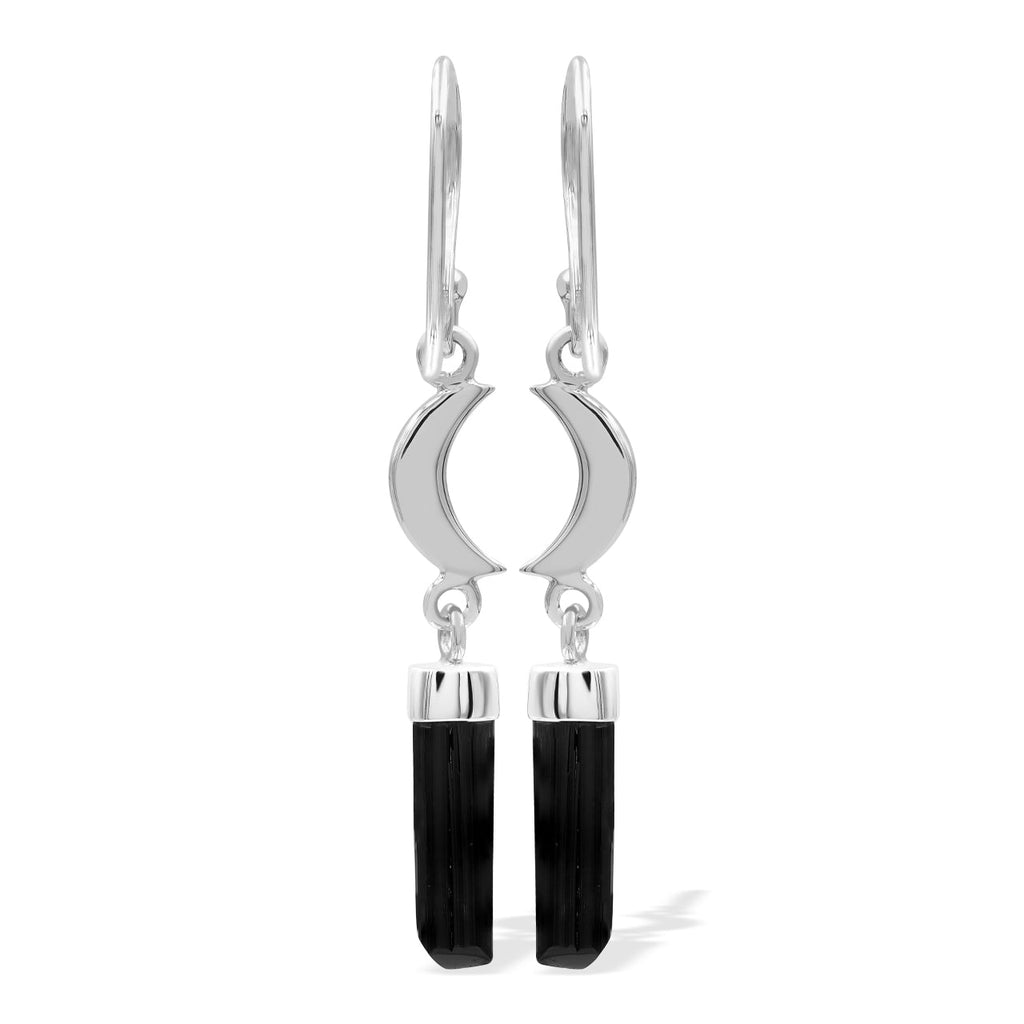 Starborn Black Tourmaline Crystal with Silver Crescent Moon Accents Dangle Earring in Sterling Silver
