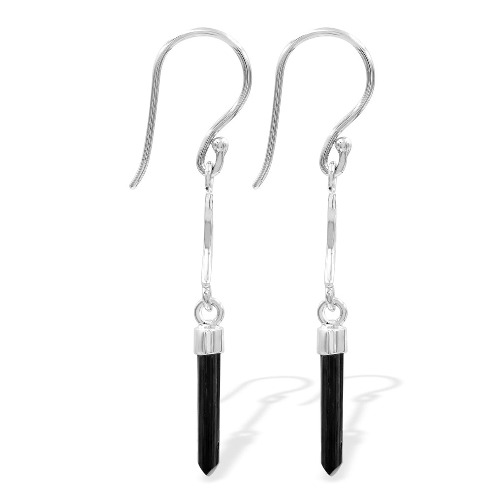 Starborn Black Tourmaline Crystal with Silver Crescent Moon Accents Dangle Earring in Sterling Silver