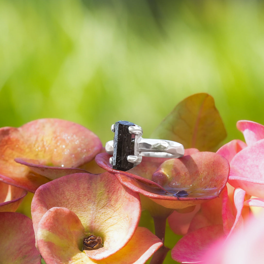 Starborn Black Tourmaline Crystal Prong Set Ring in Sterling Silver