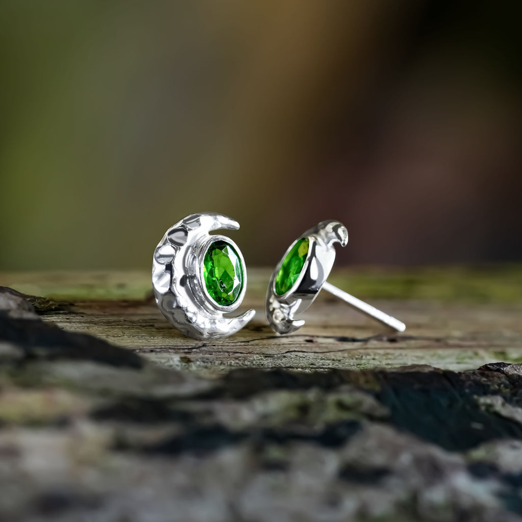 Starborn Faceted Oval Gemstone Post Earrings with Hammered Crescent Moon Accent in Sterling Silver