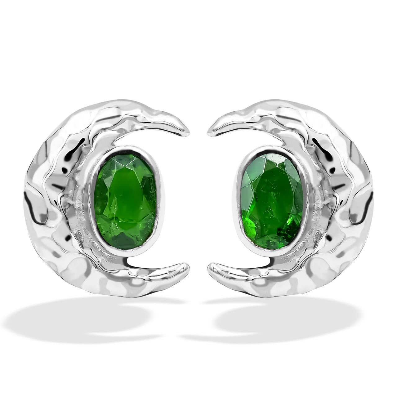 Starborn Faceted Oval Gemstone Post Earrings with Hammered Crescent Moon Accent in Sterling Silver