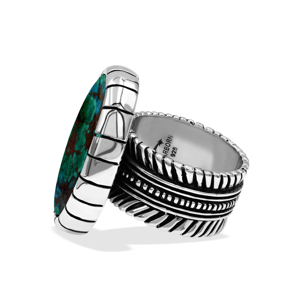 Starborn Chrysocolla Striped Bezel Ring with Bali Design Shank in Sterling Silver