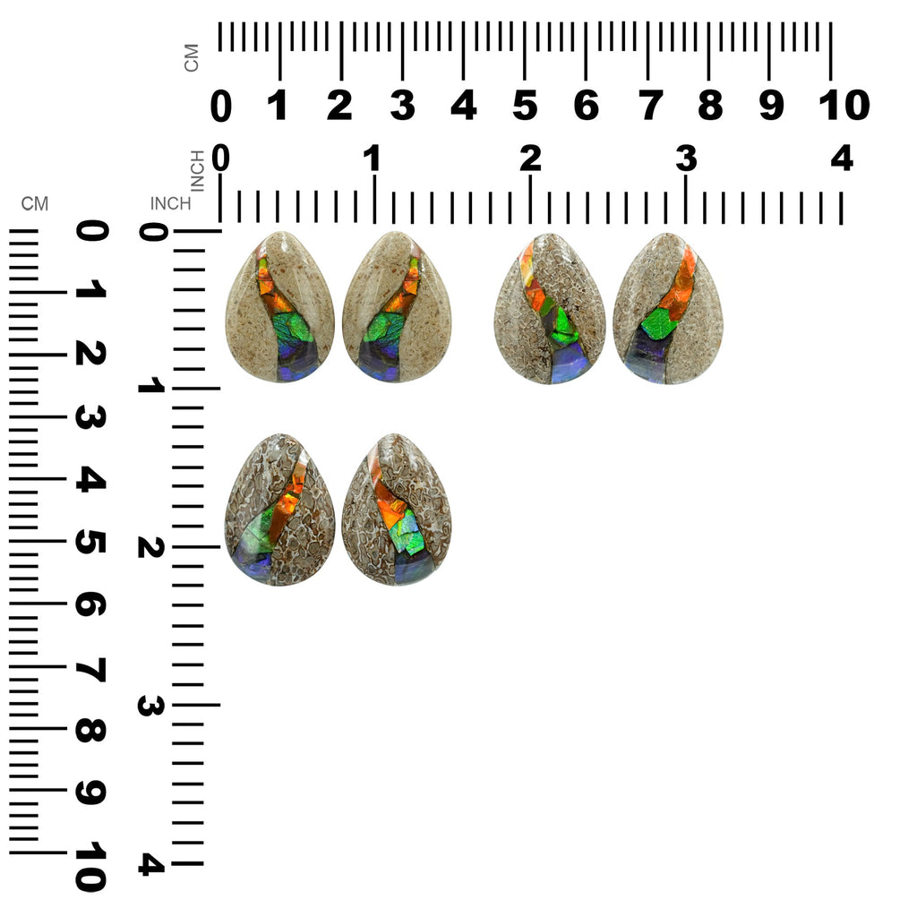 Starborn Fossil Dinosaur Bone with Ammolite Inlay Cabochon Pear 25mm - 1 pair