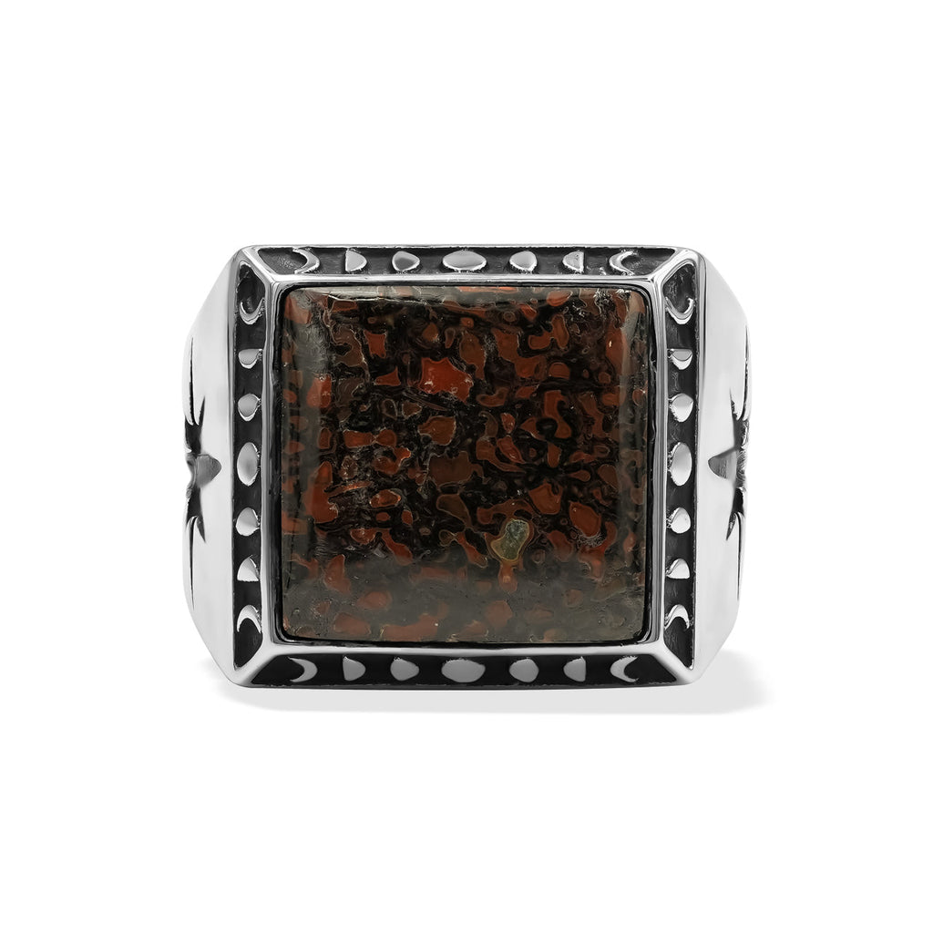 Starborn Fossil Dinosaur Bone Men's Ring with Octagram in Sterling Silver