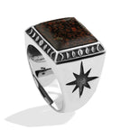 Starborn Fossil Dinosaur Bone Men's Ring with Octagram in Sterling Silver