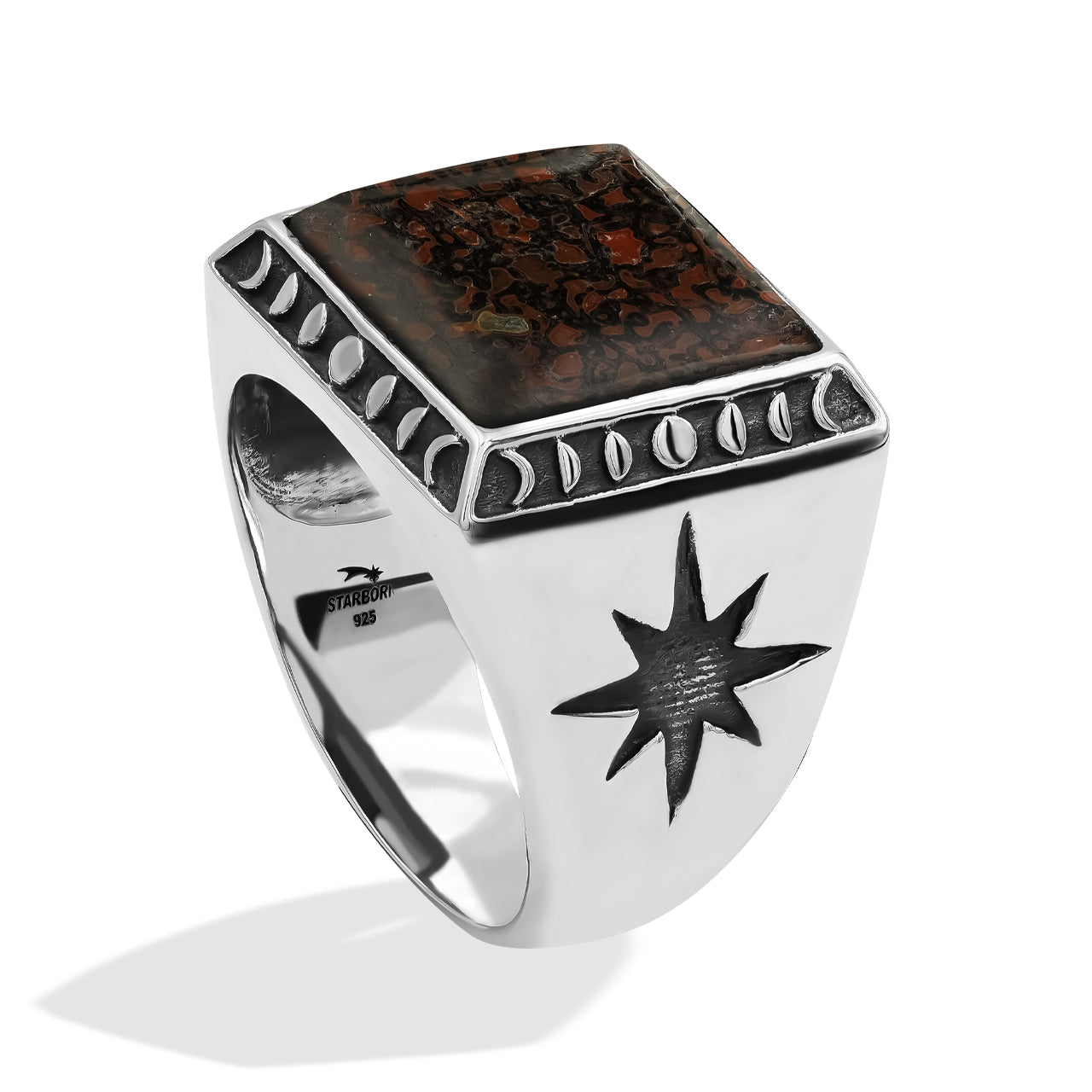 Starborn Fossil Dinosaur Bone Men's Ring with Octagram in Sterling Silver