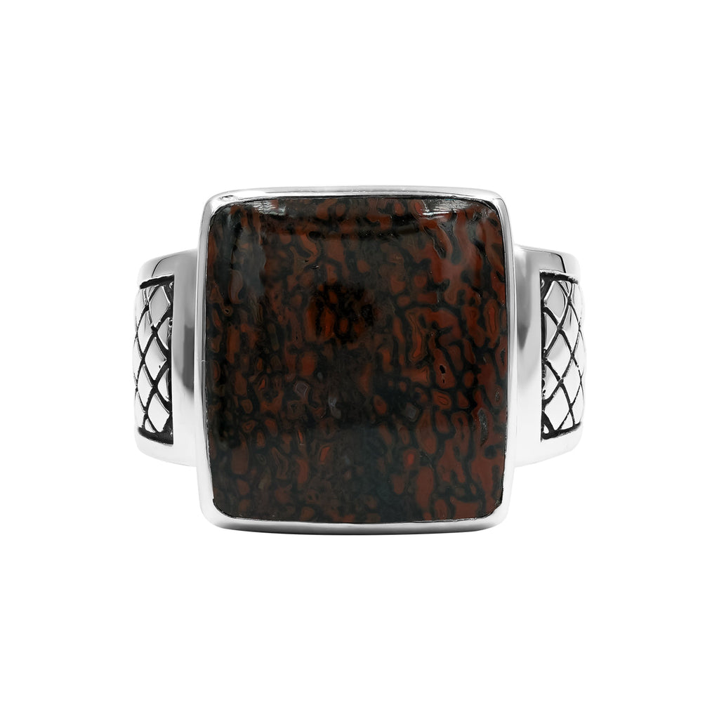 Starborn Red Fossil Dinosaur Bone Men’s Ring with Geometric Shank Accents in Sterling Silver