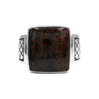 Starborn Red Fossil Dinosaur Bone Men’s Ring with Geometric Shank Accents in Sterling Silver