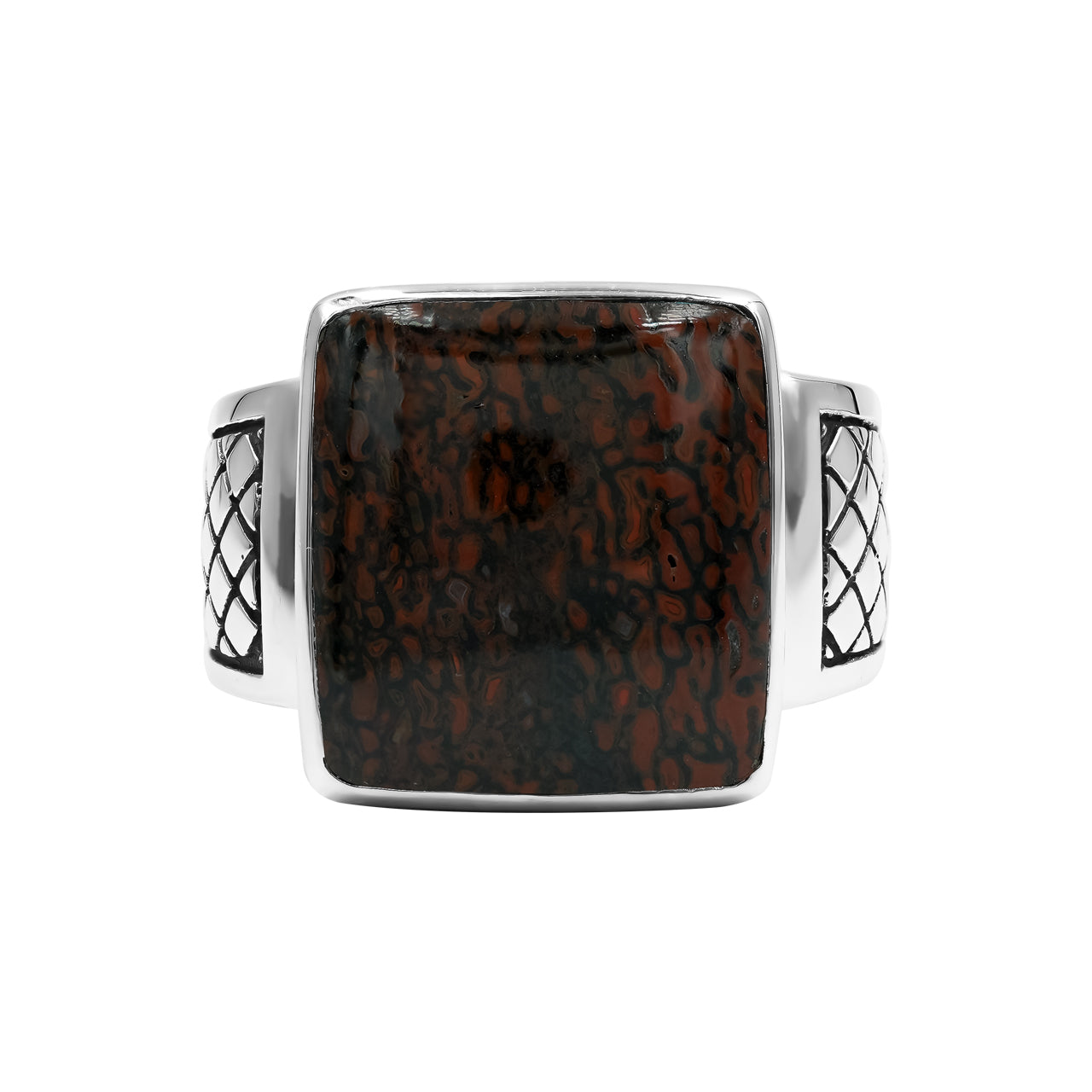 Starborn Red Fossil Dinosaur Bone Men’s Ring with Geometric Shank Accents in Sterling Silver