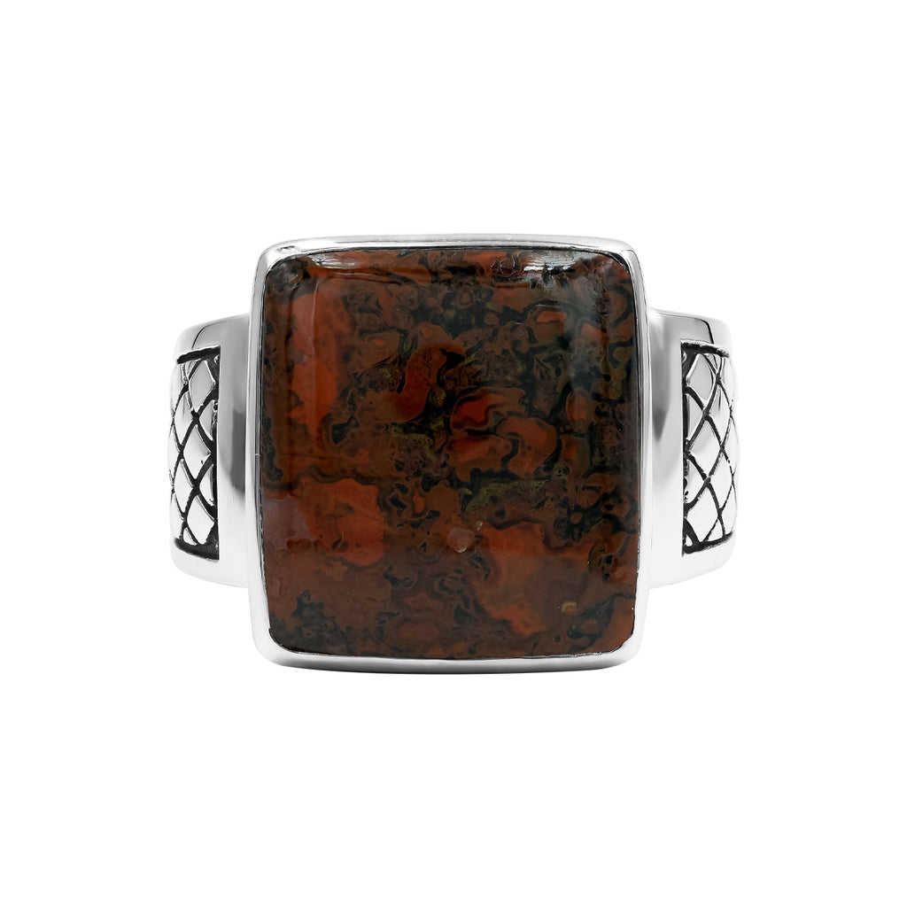 Starborn Red Fossil Dinosaur Bone Men’s Ring with Geometric Shank Accents in Sterling Silver