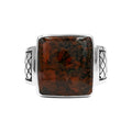 Starborn Red Fossil Dinosaur Bone Men’s Ring with Geometric Shank Accents in Sterling Silver