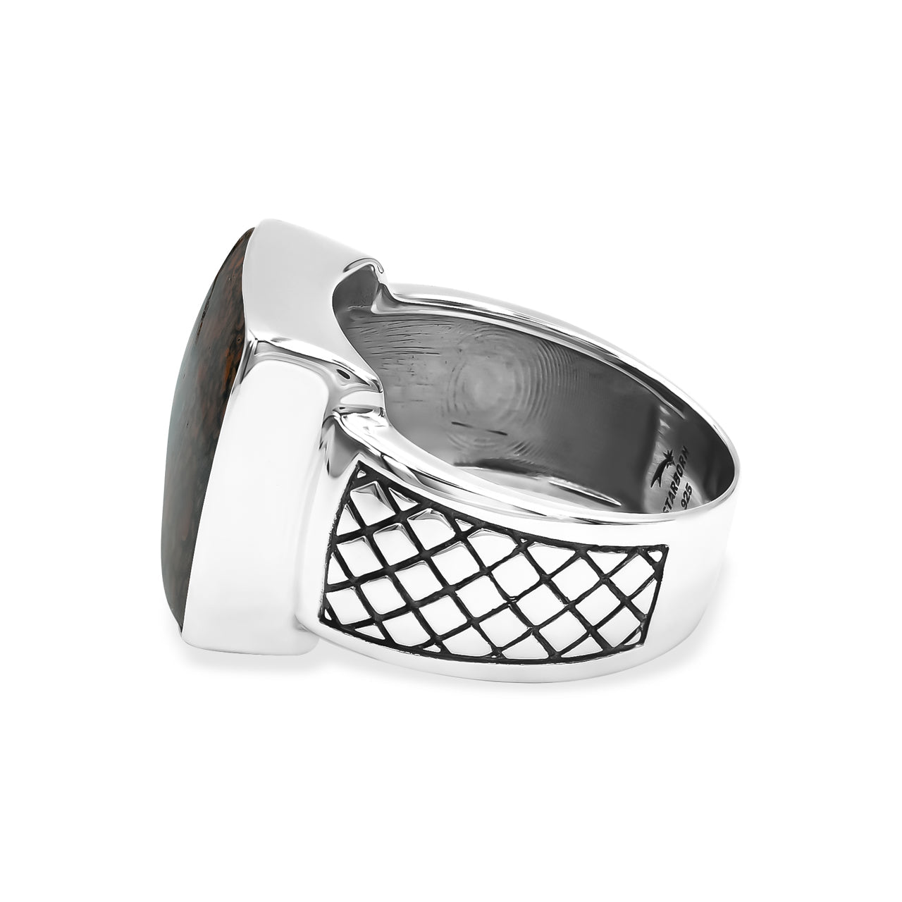 Starborn Red Fossil Dinosaur Bone Men’s Ring with Geometric Shank Accents in Sterling Silver