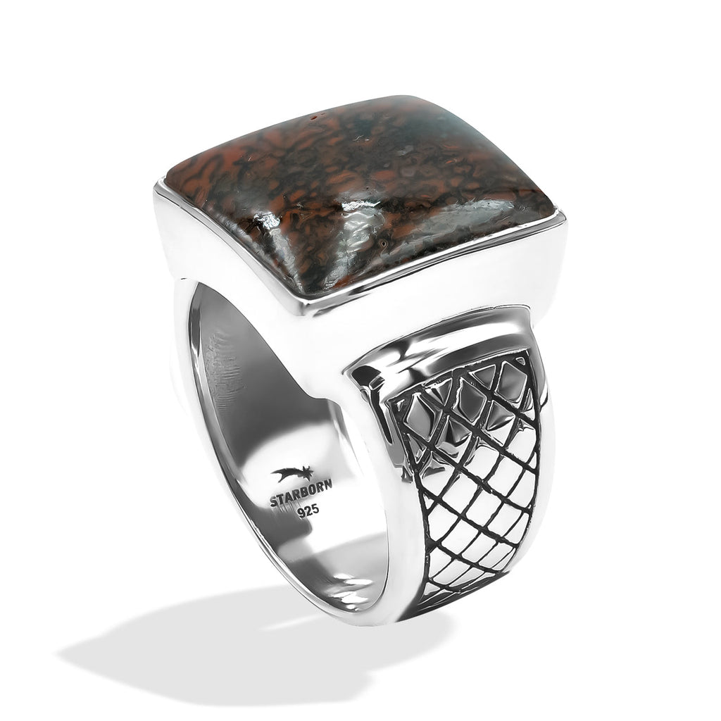 Starborn Red Fossil Dinosaur Bone Men’s Ring with Geometric Shank Accents in Sterling Silver