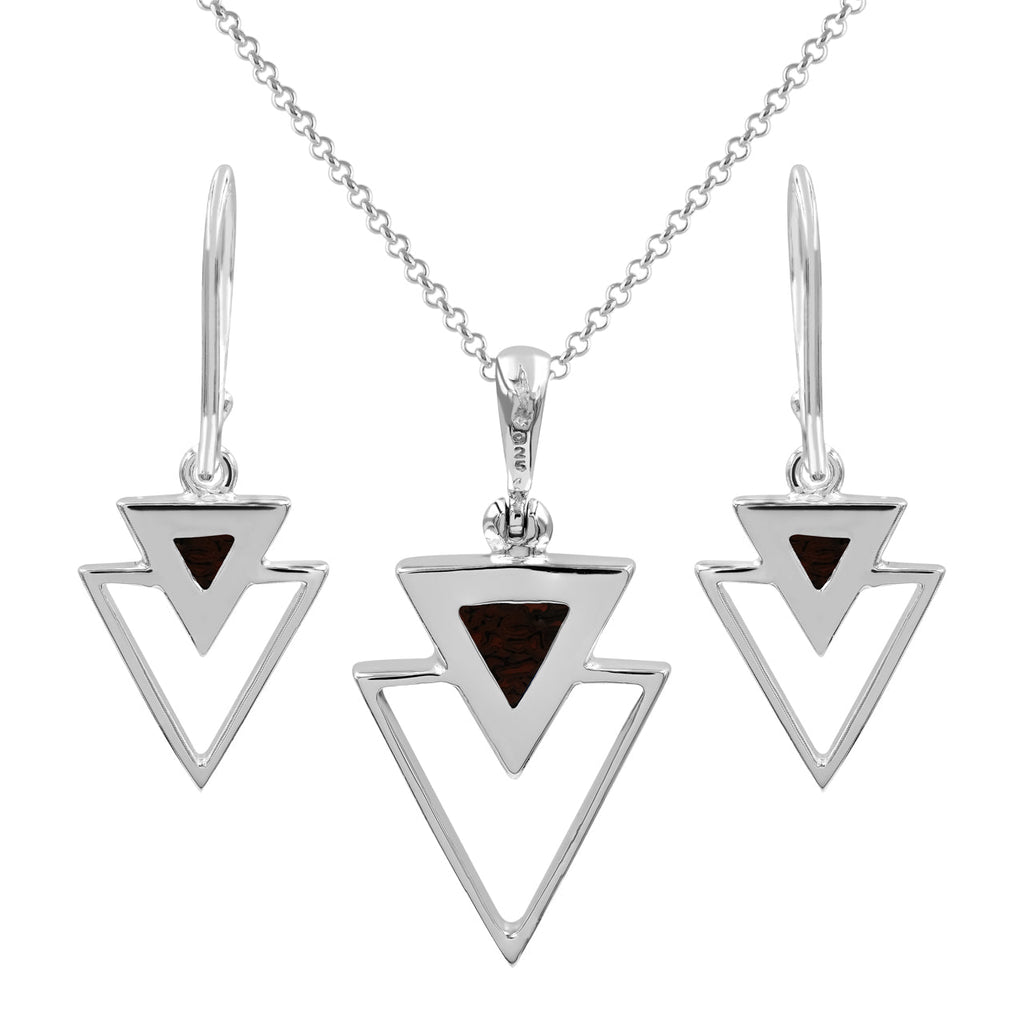 Starborn Fossil Dinosaur Bone Triangle Stacked Pendant and Earring Set in Sterling Silver