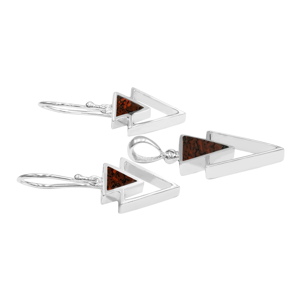 Starborn Fossil Dinosaur Bone Triangle Stacked Pendant and Earring Set in Sterling Silver