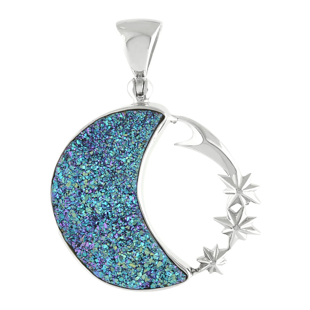 Starborn Quartz Drusy Crescent Moon Pendant with Starborn Logo in Sterling Silver