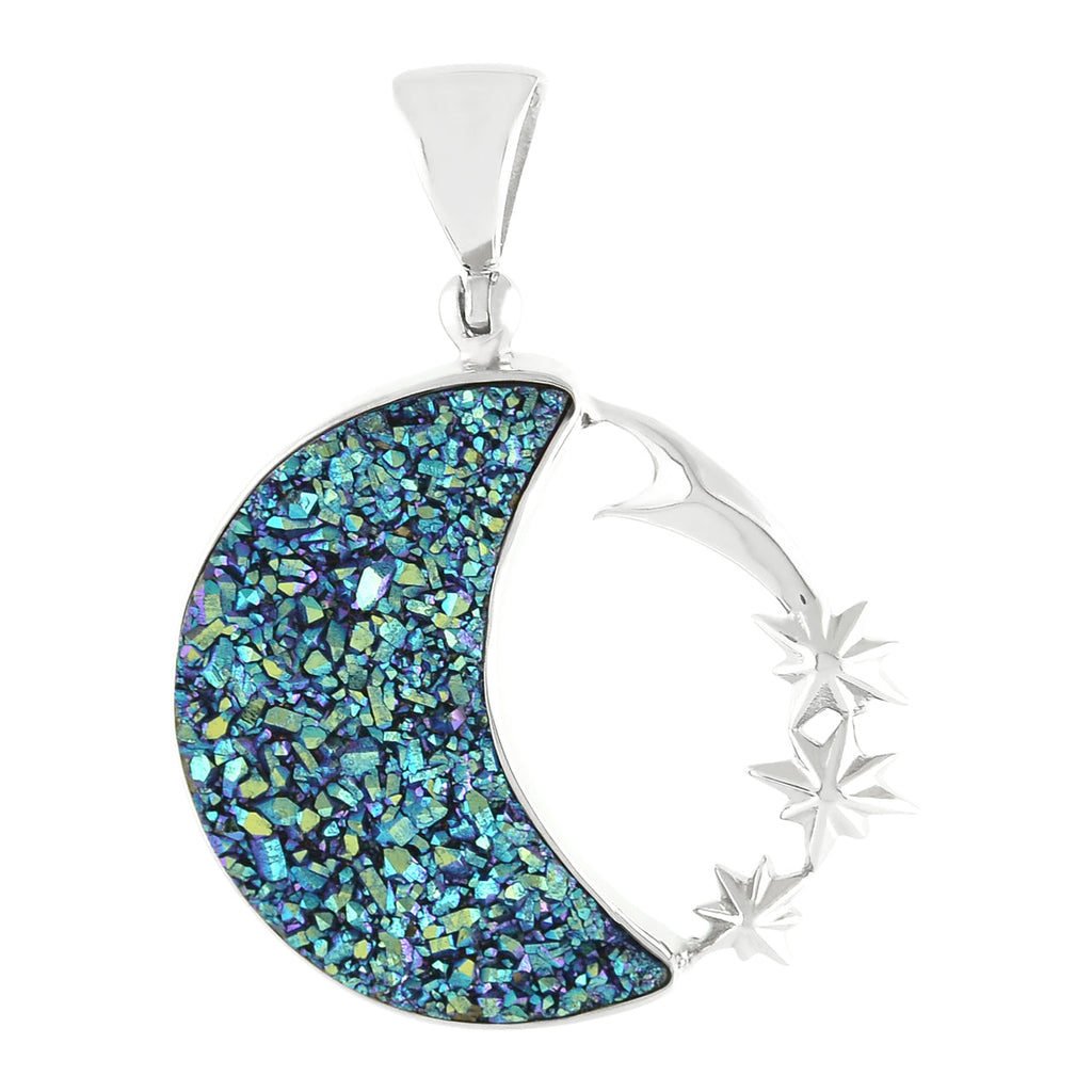 Starborn Quartz Drusy Crescent Moon Pendant with Starborn Logo in Sterling Silver