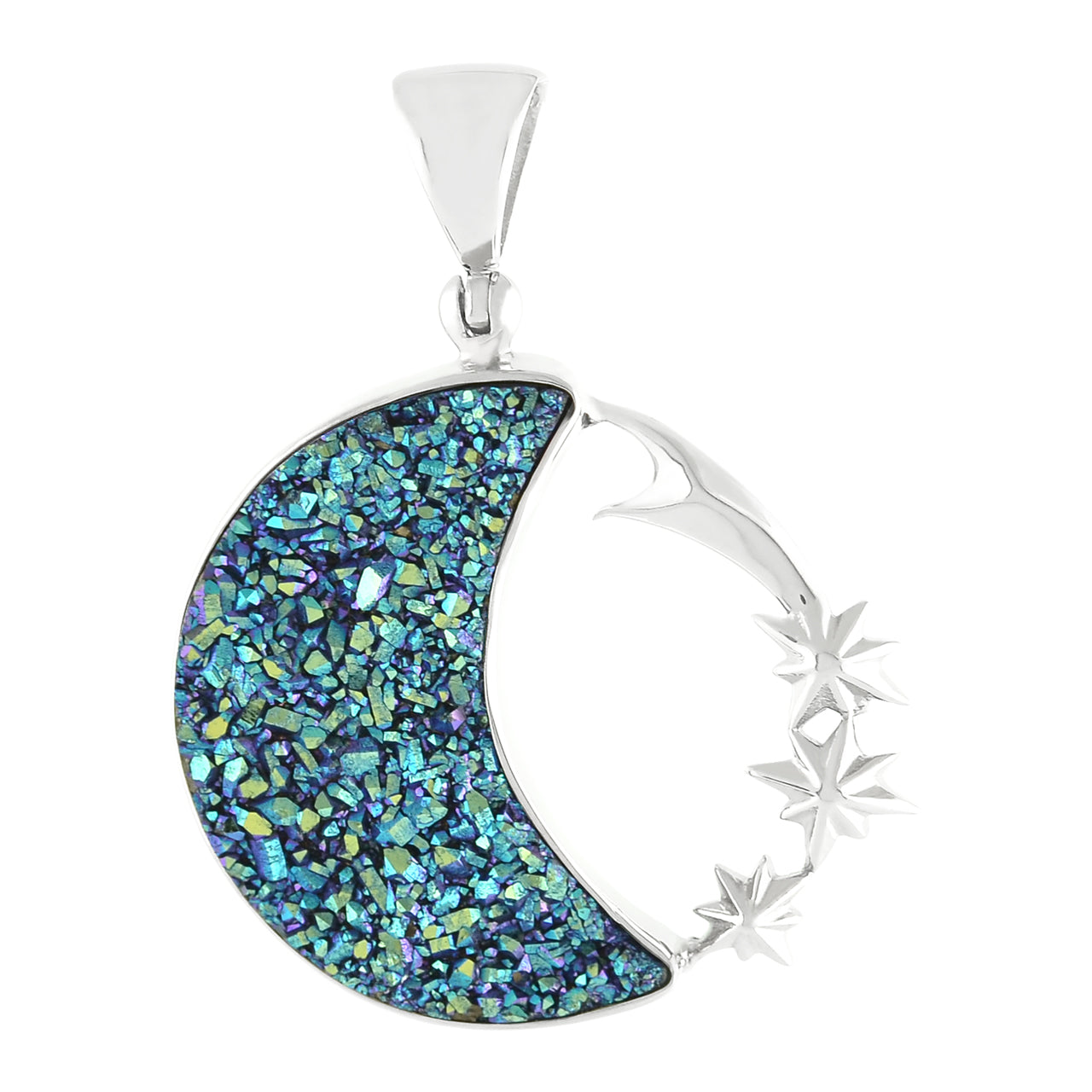 Starborn Quartz Drusy Crescent Moon Pendant with Starborn Logo in Sterling Silver