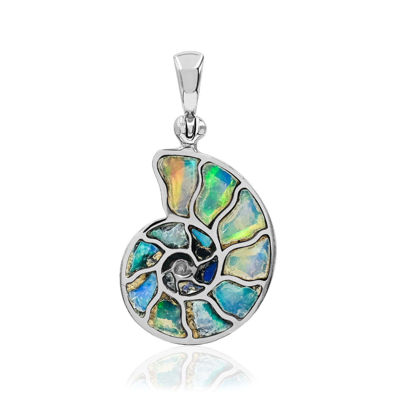 Starborn Ethiopian Opal Inlay Nautilus Ammonite Pendant in Sterling Silver